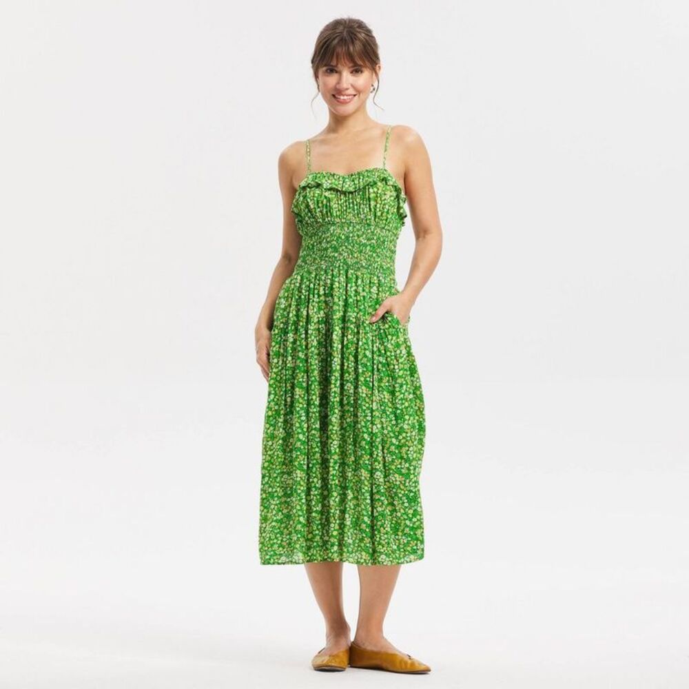 Women's Ruffle Smocked Midi Dress - Green Floral XXL: Cottagecore